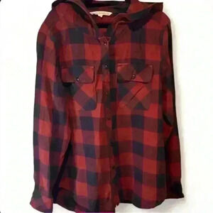 Hippie Laundry Women's Plaid Hooded Flannel Shirt Maroon/Black Size Medium